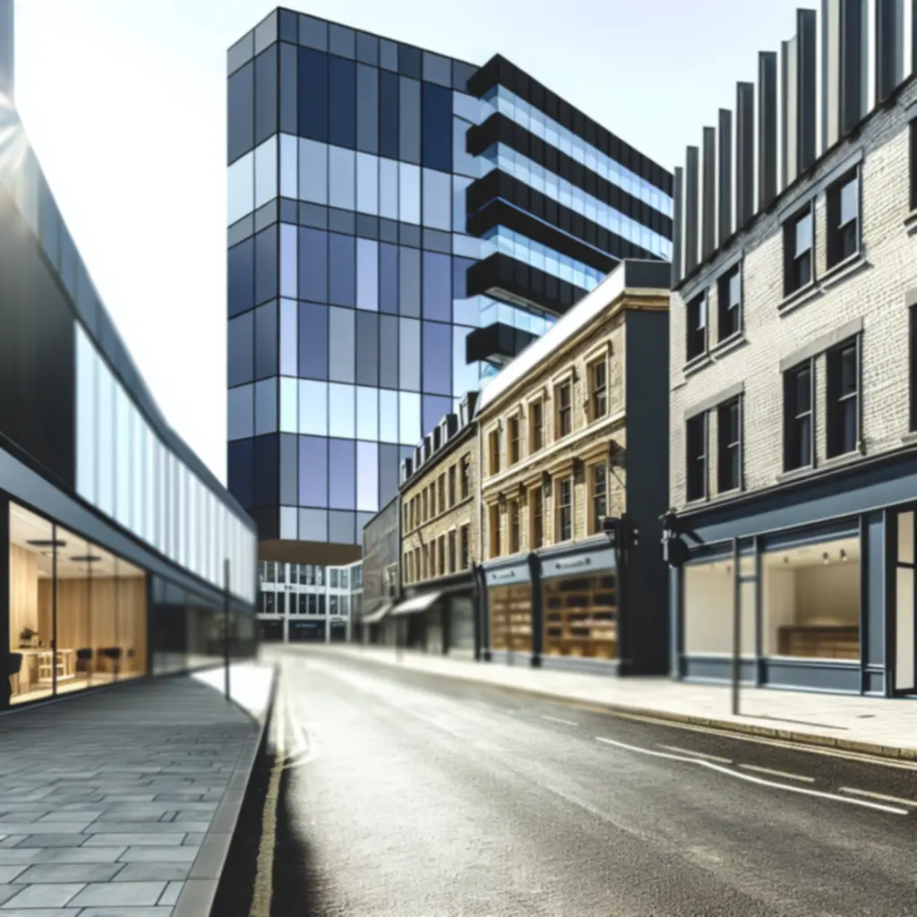 Elegant British commercial street with period buildings and modern shopfronts