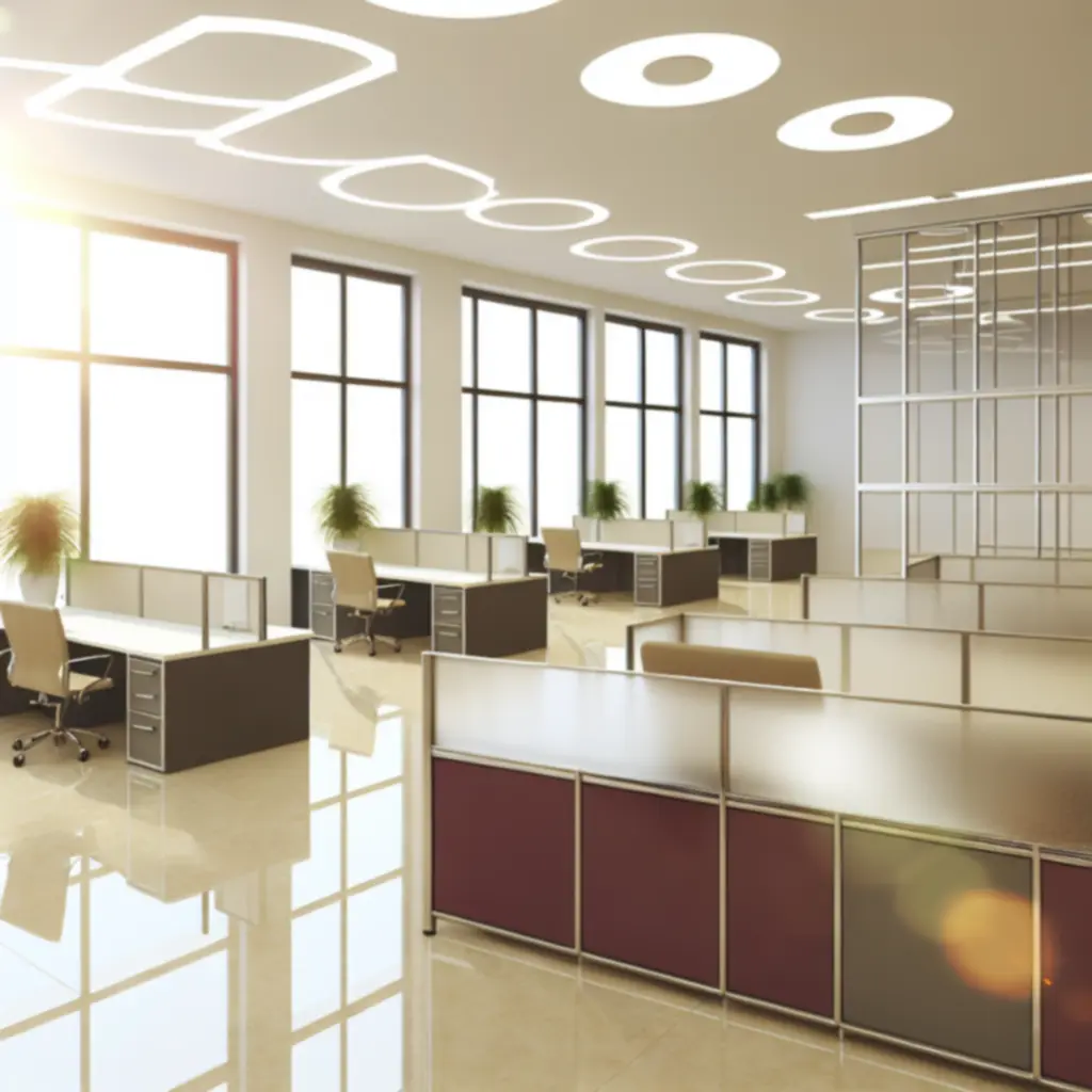 Modern commercial office interior with meeting areas and workstations