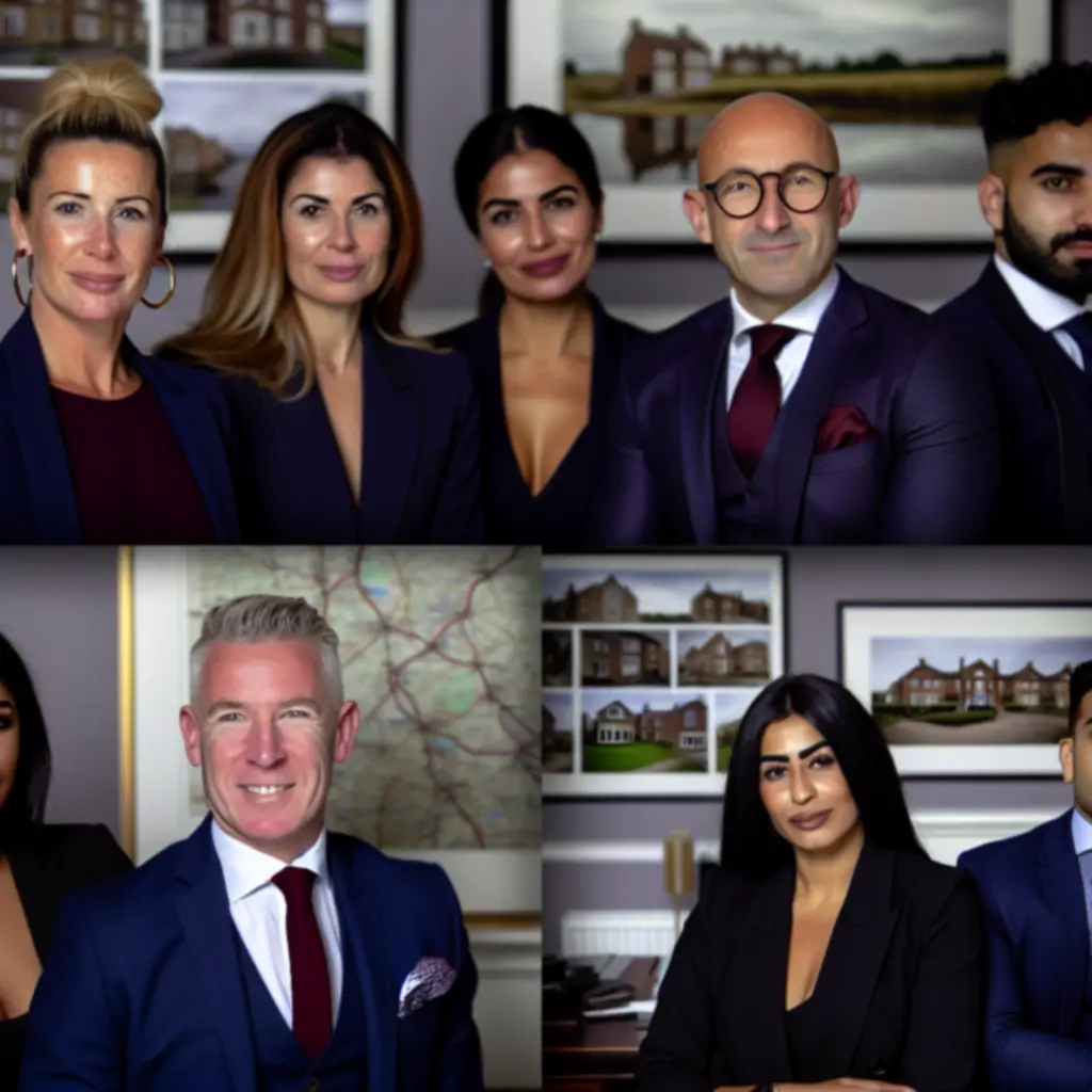 Professional British real estate team standing together in an office setting