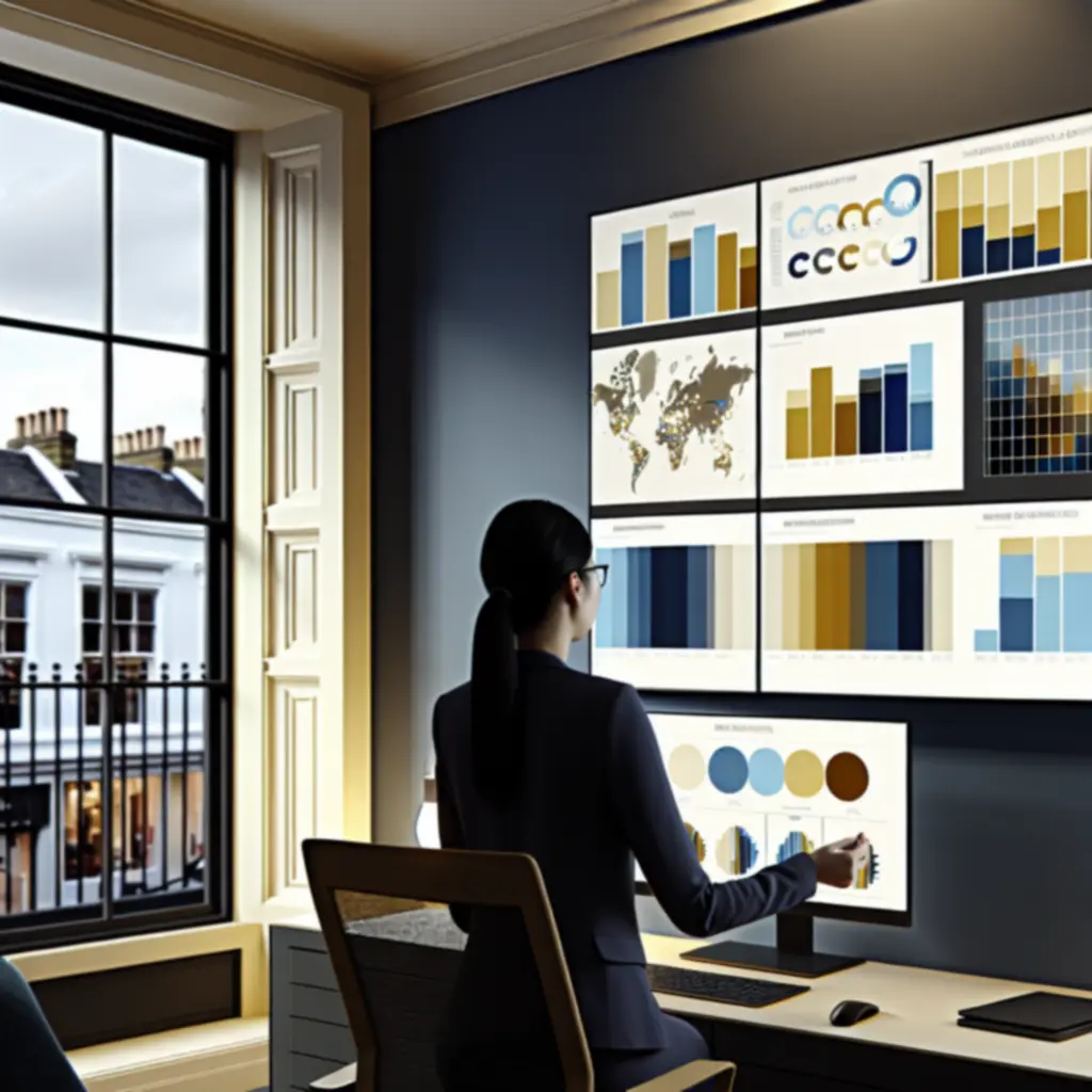 Analyst reviewing charts of the UK property market on a laptop screen